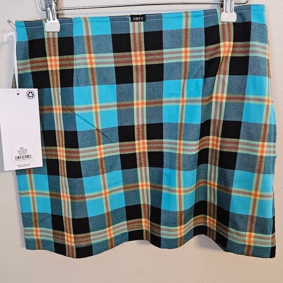 OBEY Skirt Joanie Plaid Aqua Multicolor High Waisted Business Casual Mini - Picture 6 of 8